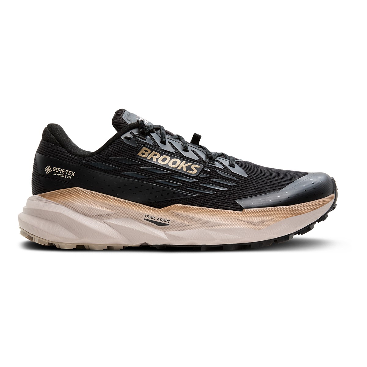 Men's Brooks Cascadia 19 GTX Trail Running Shoes in black, ebony, and chateau grey, featuring a textured upper, cushioned sole, and Gore-Tex waterproof technology.