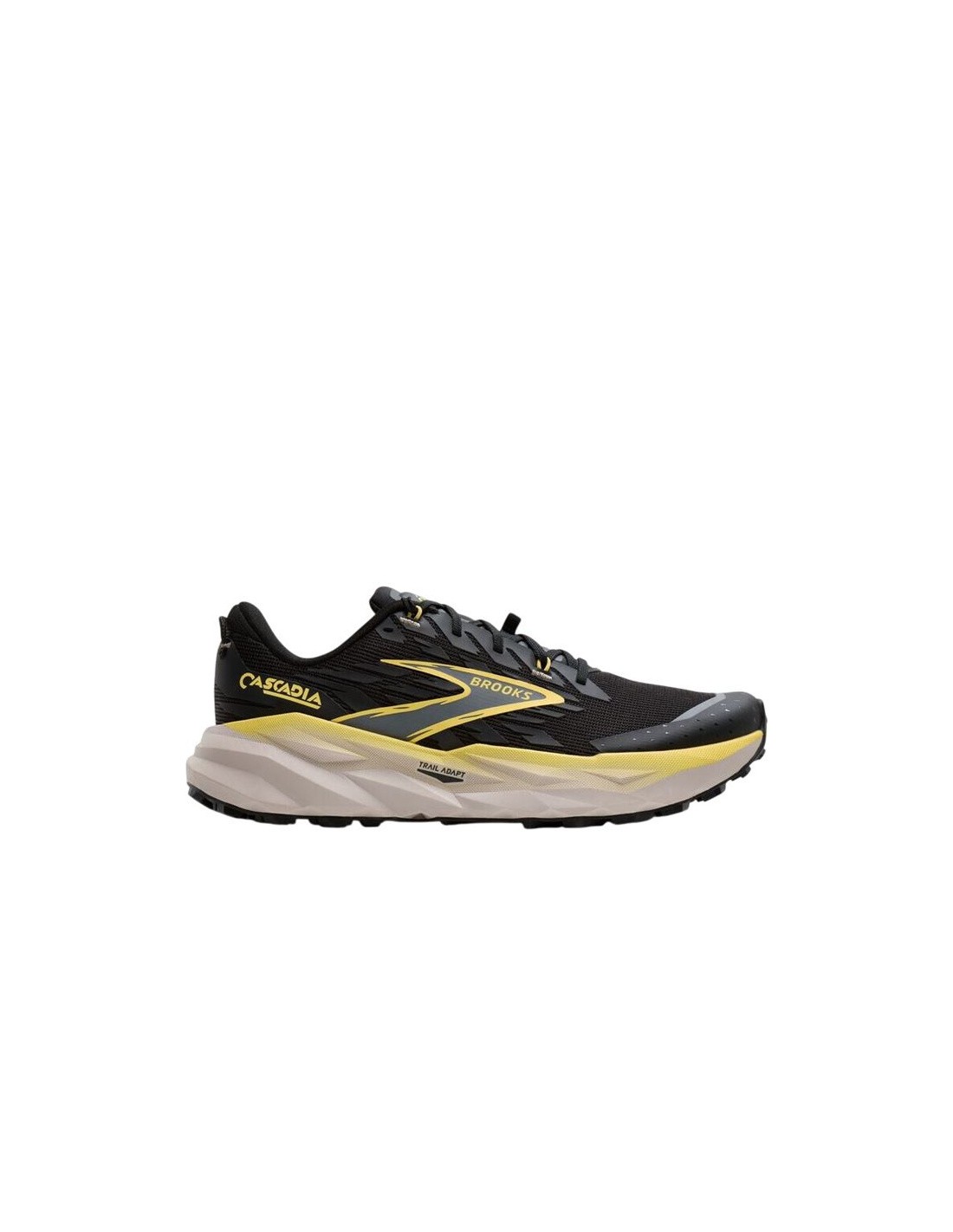 Black and yellow Brooks Cascadia 19 trail running shoes featuring a breathable mesh upper, cushioned midsole, and rugged outsole for traction on varied terrain.