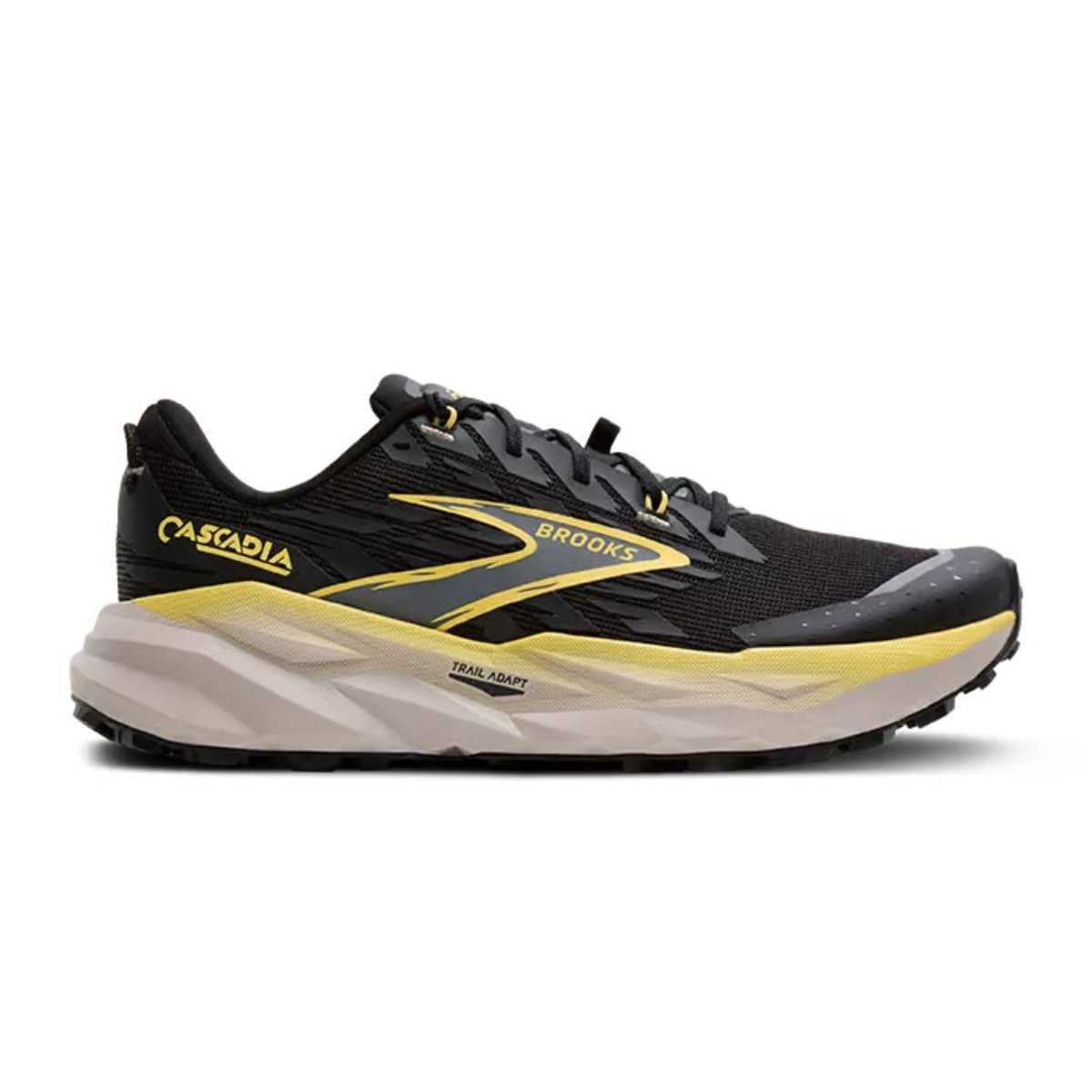 Black and yellow Brooks Cascadia 19 trail running shoes featuring a breathable mesh upper, cushioned midsole, and rugged outsole for enhanced traction on varied terrain.