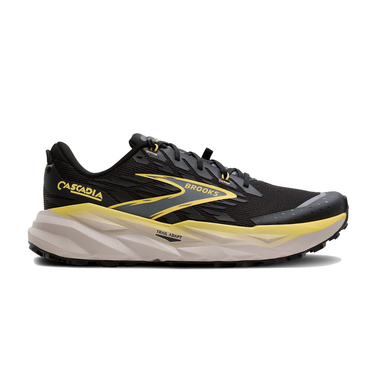 Black and yellow Brooks Cascadia 19 medium trail shoes featuring a breathable mesh upper, cushioned sole, and rugged outsole for traction, size 40.5.