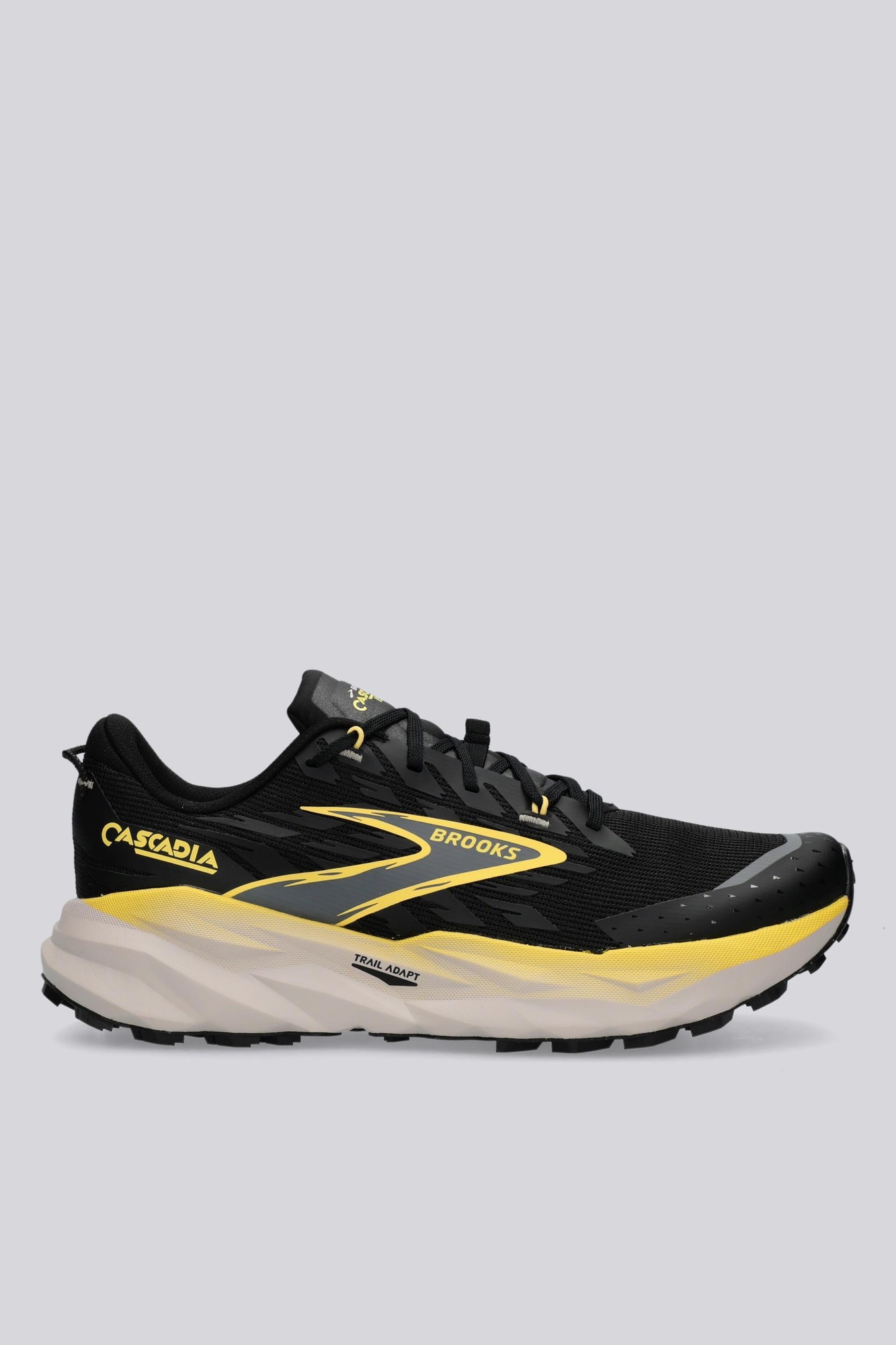 Black and yellow Brooks Cascadia 19 medium shoes featuring a breathable mesh upper, cushioned sole, and rugged outsole for traction.