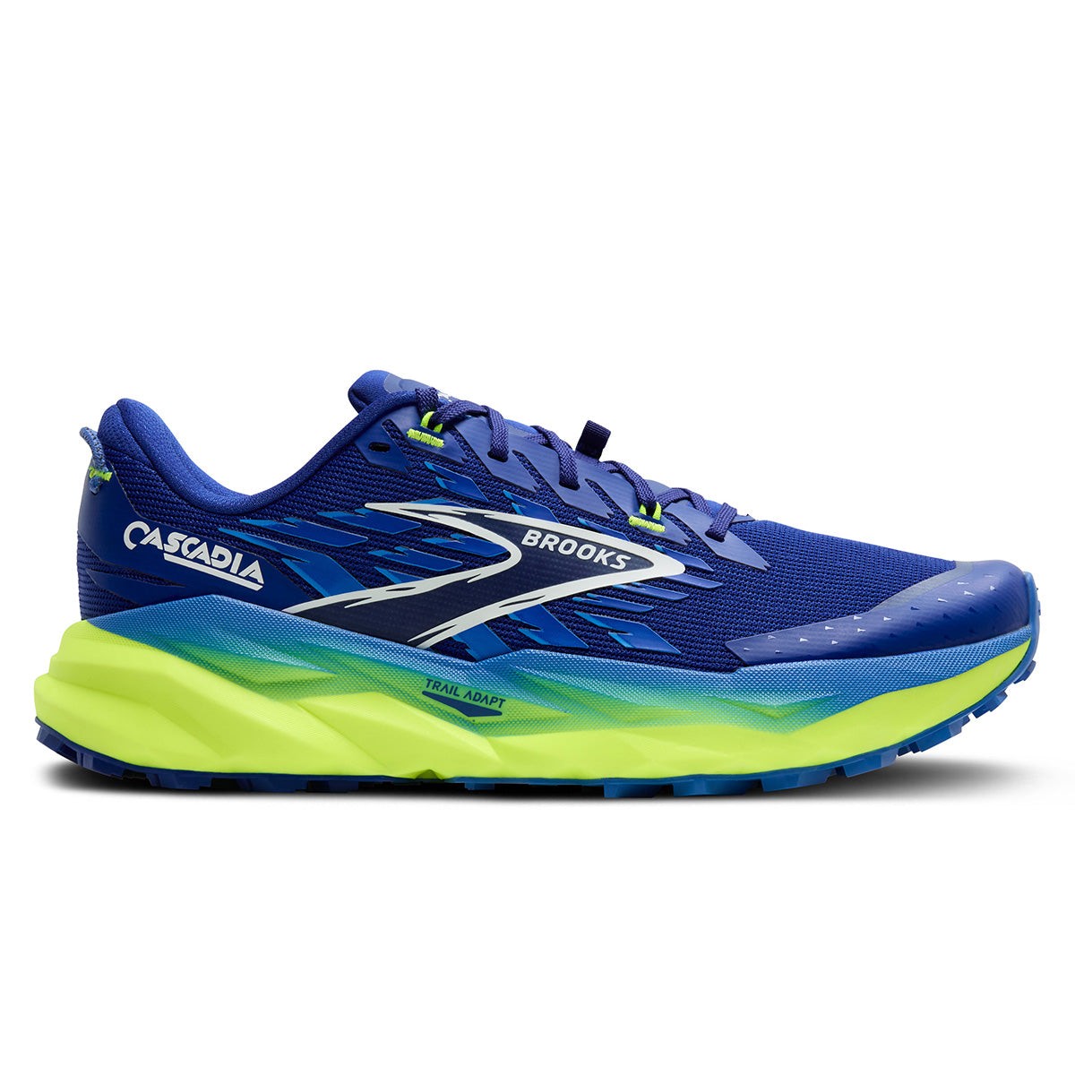 Blue and green trail running shoe featuring a breathable mesh upper, cushioned sole, and rugged outsole, designed for wide feet in size 11.5.