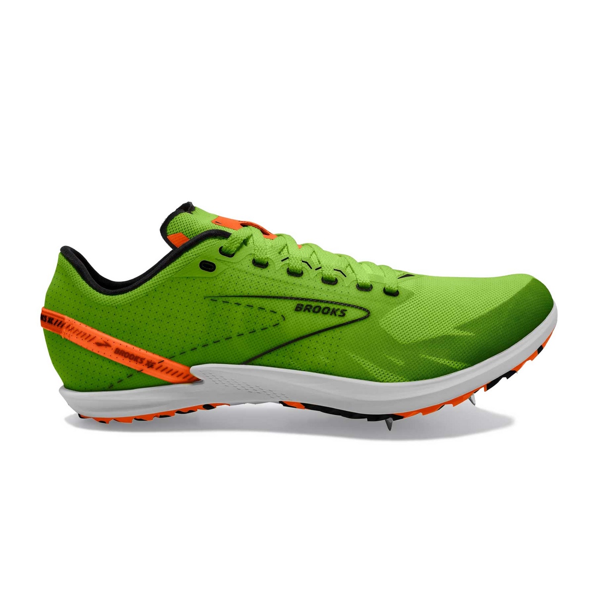 Bright green cross-country running shoe with red-orange accents, featuring a lightweight mesh upper, a cushioned sole, and a spiked outsole for traction.