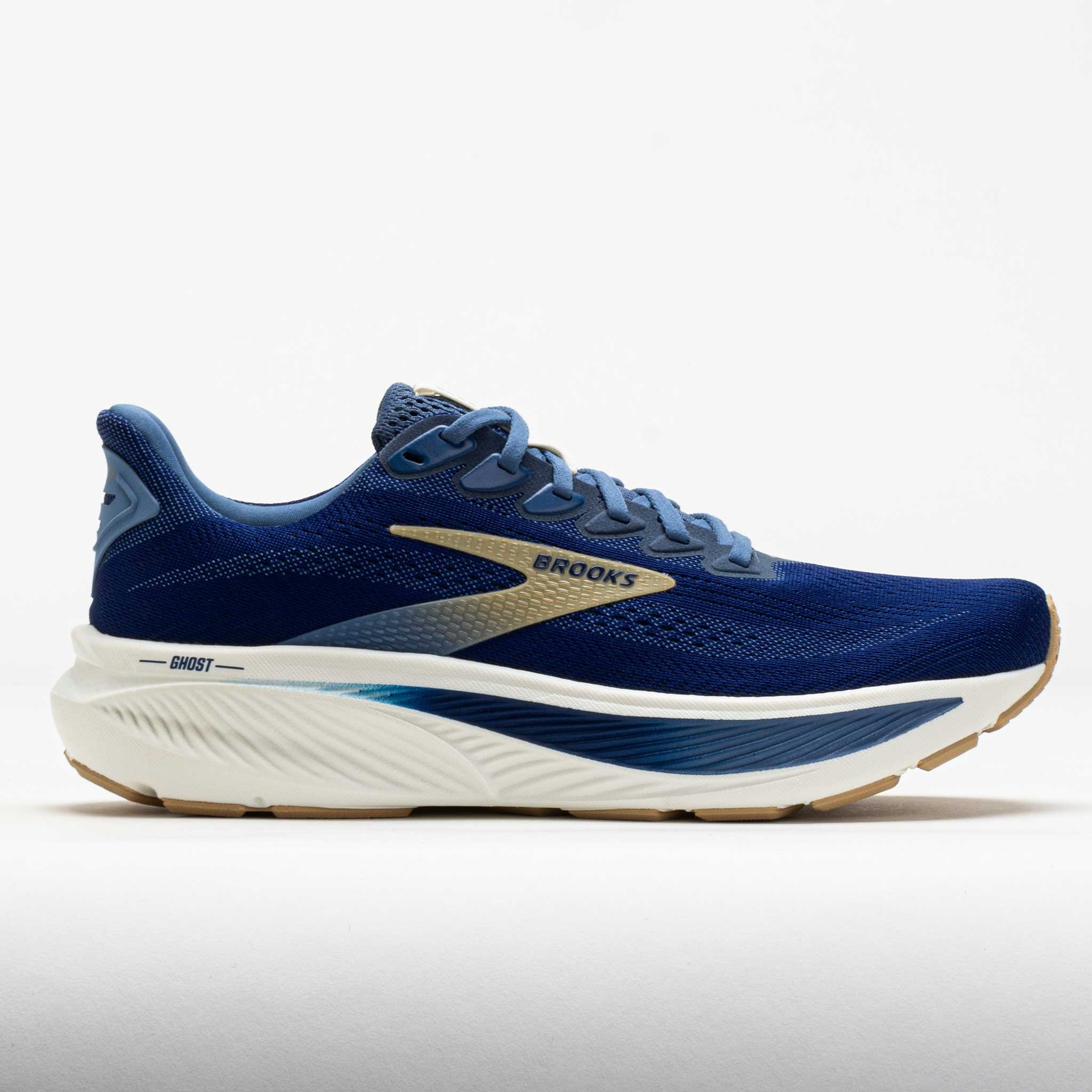 Men's Brooks Ghost 17 running shoes in blue with a breathable mesh upper, gold accents, cushioned sole, and a sleek design for optimal performance and comfort.