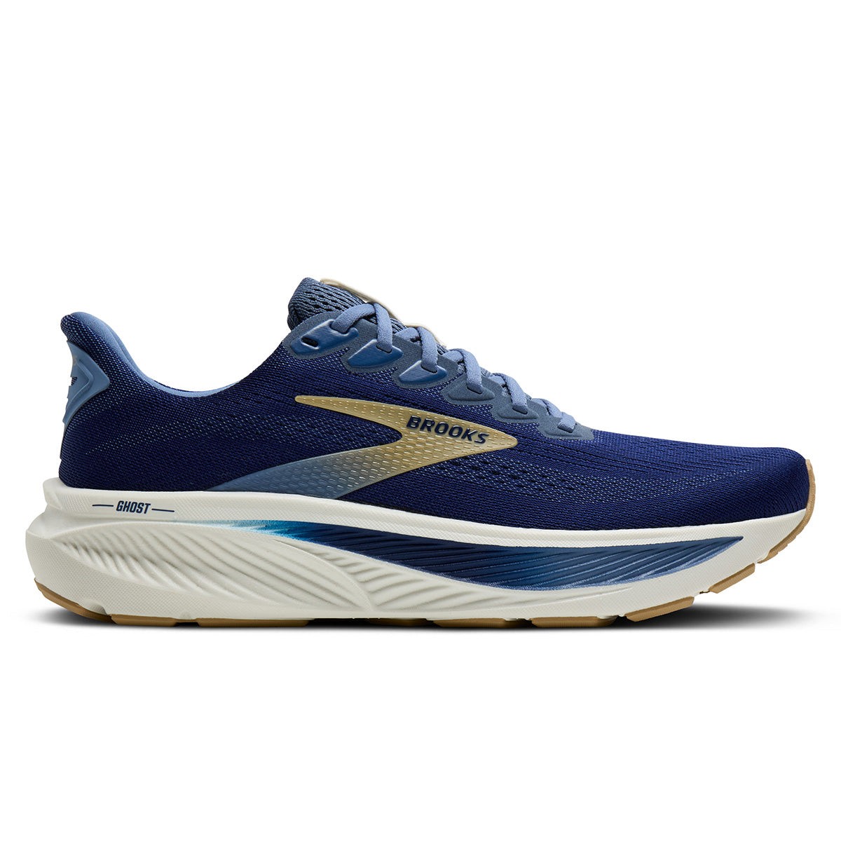 Men's Brooks Ghost 17 running shoes in blue with a breathable mesh upper, cushioned sole, and gold accents, designed for comfort and performance.