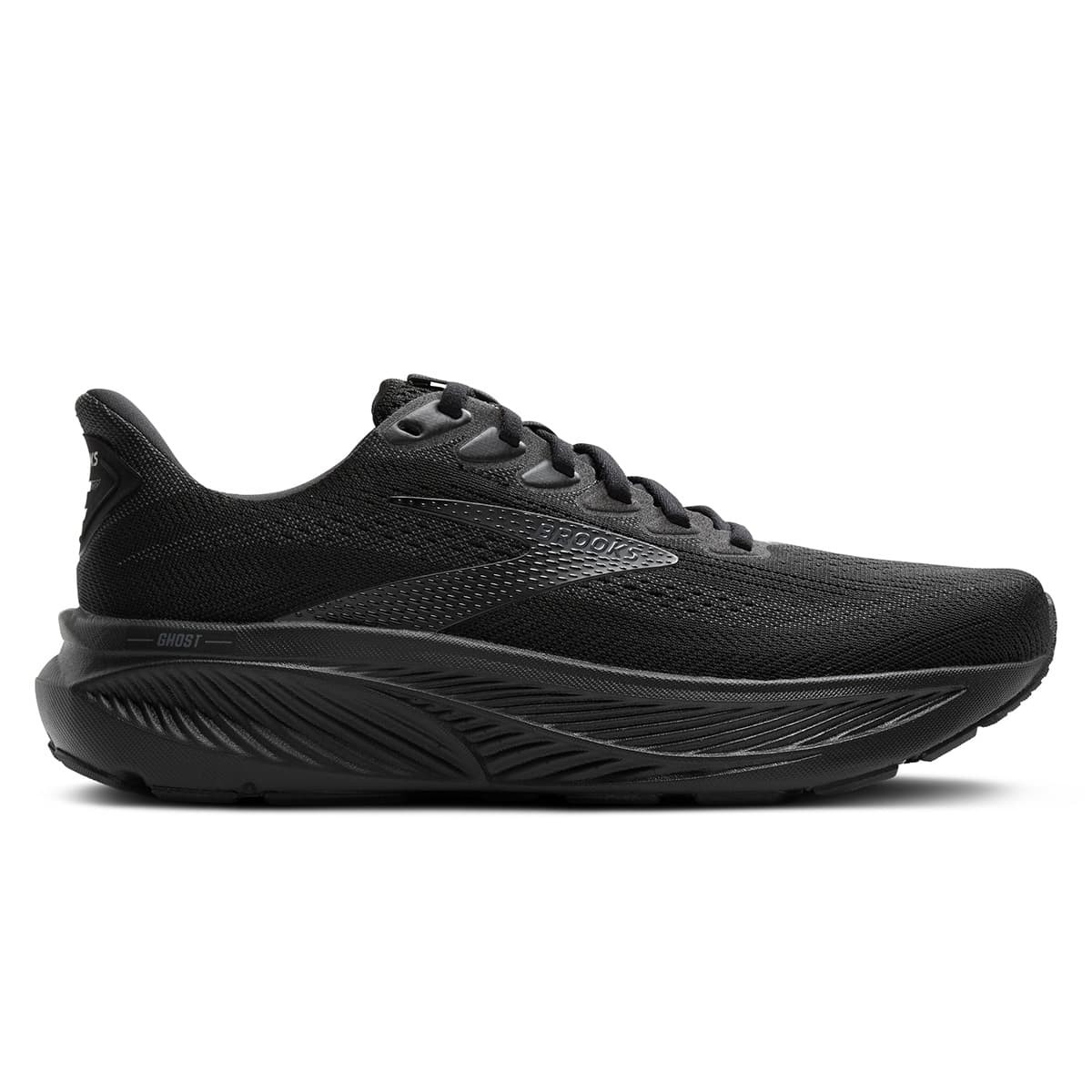 Black Brooks Ghost 17 men's running shoes featuring a breathable mesh upper, extra wide fit, and a cushioned sole for comfort and support.