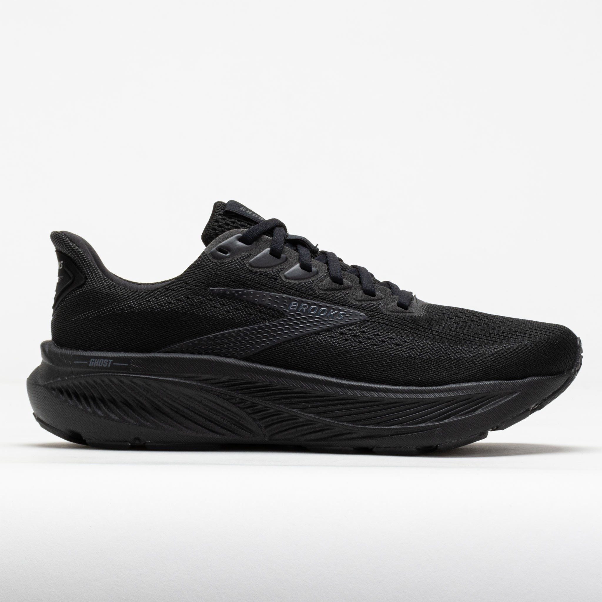 Men's Brooks Ghost 17 running shoes in black, featuring a breathable mesh upper, cushioned sole, and sleek design for comfort and performance.