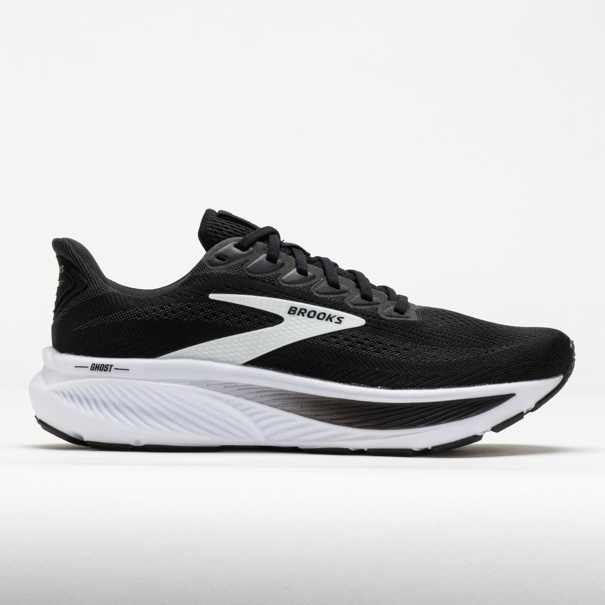 Men's Brooks Ghost 17 running shoes in grey, black, and white, featuring a breathable mesh upper, cushioned sole, and a sleek design, size 11.0.