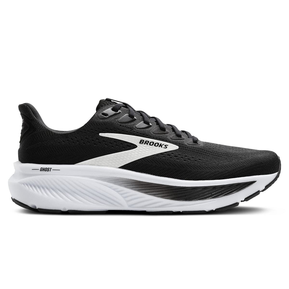 Men's Brooks Ghost 17 running shoes in black, grey heather, and white, featuring a breathable mesh upper, cushioned sole, and sleek design for optimal performance.