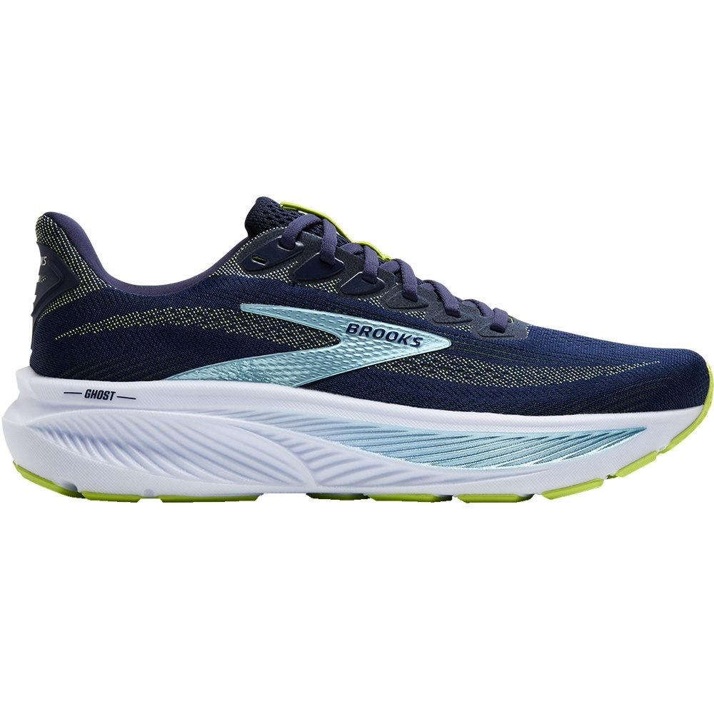 Men's Brooks Ghost 17 running shoes in navy blue with green and white accents, featuring a breathable mesh upper, cushioned sole, and a sleek design for optimal performance.