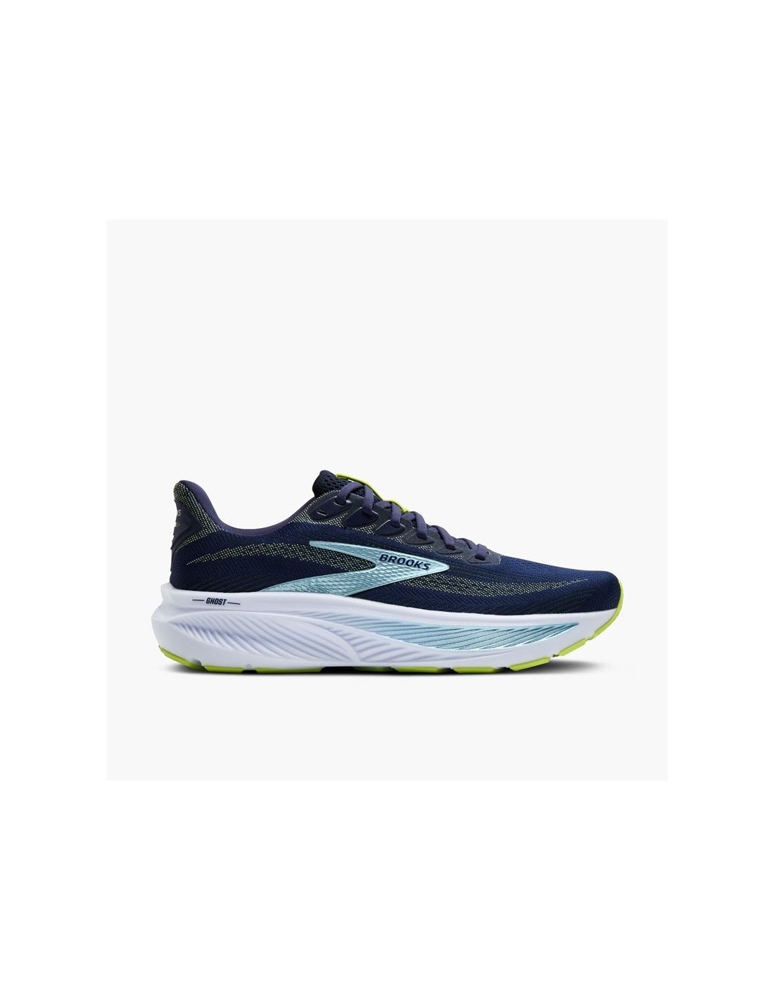 Men's Brooks Ghost 17 running shoes in navy, featuring a breathable mesh upper, cushioned sole, and vibrant green accents on the outsole and laces.