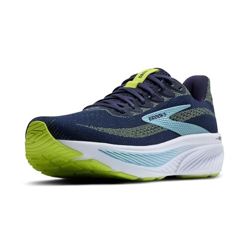 Men's Brooks Ghost 17 running shoes in navy with light blue accents, featuring a cushioned sole, breathable mesh upper, and a vibrant green outsole.