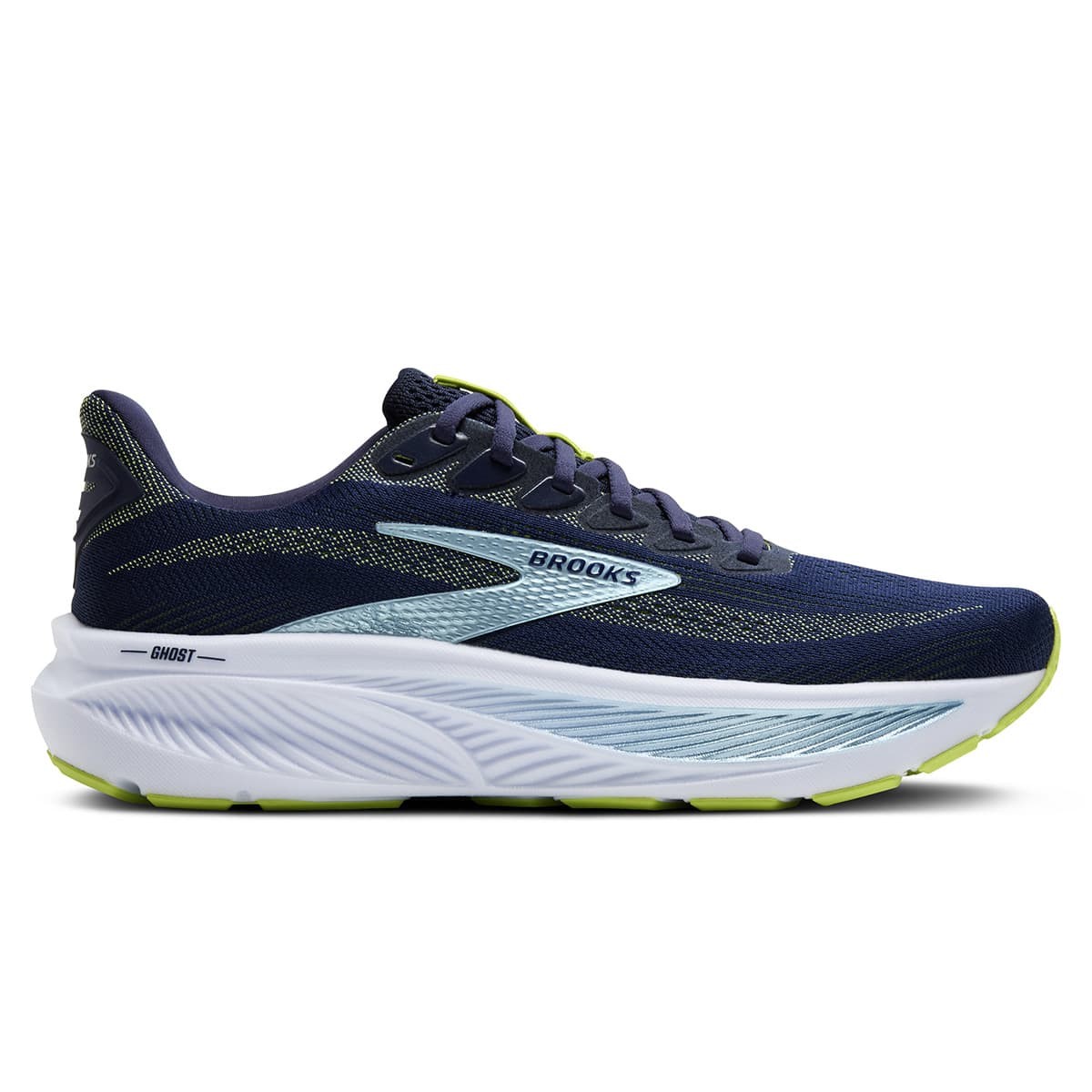 Brooks Ghost 17 wide running shoes in night blue feature a breathable mesh upper, reflective detailing, cushioned sole, and vibrant green accents. Size 45.5.