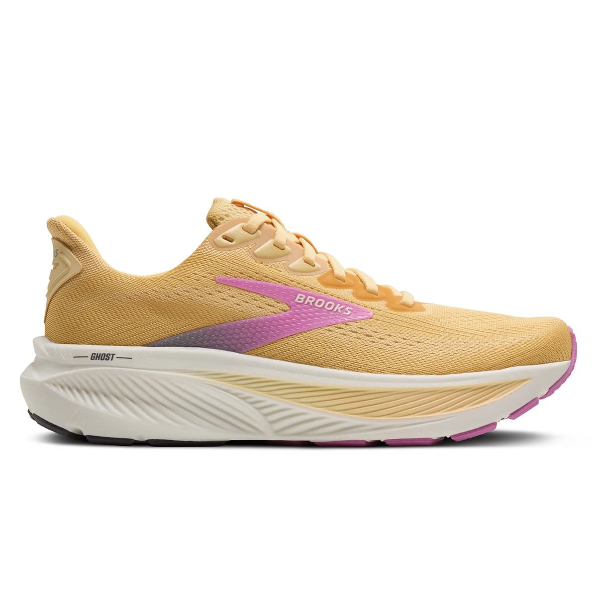 Light yellow women's running shoes with a breathable mesh upper, featuring a pink and purple accent, cushioned sole, and "Brooks" logo on the side.