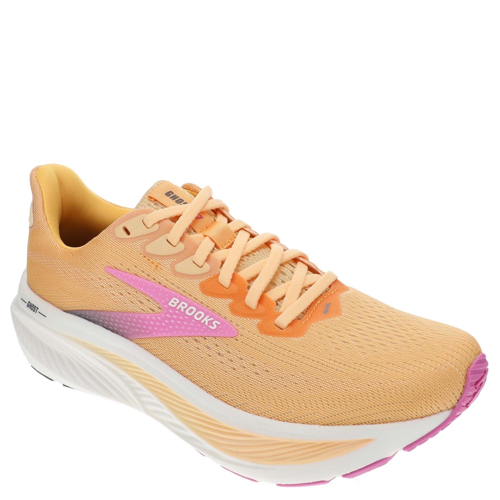 Women's Brooks Ghost 17 running shoes in orange and pink, featuring a breathable mesh upper, cushioned sole, and reflective detailing for visibility.