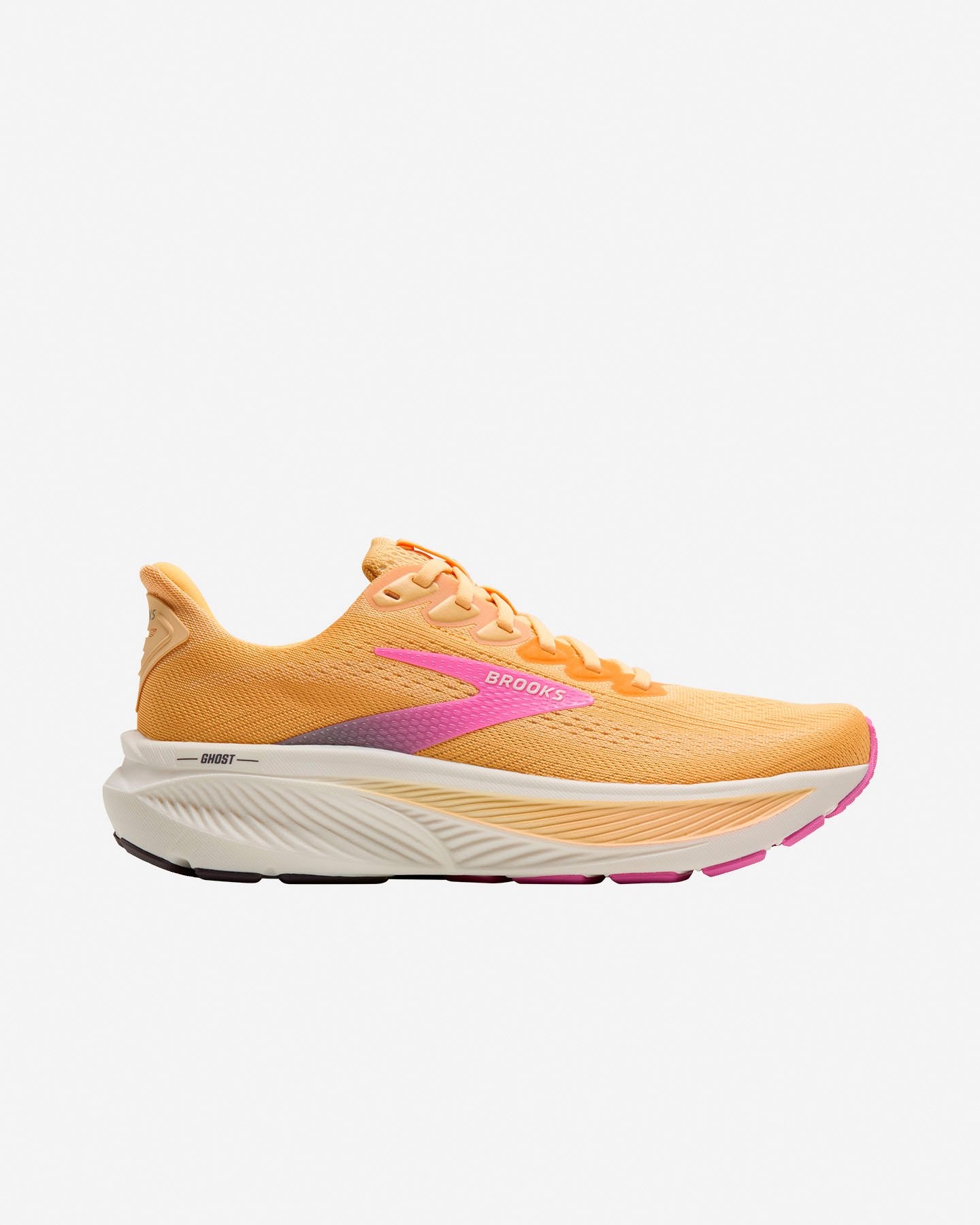Women's Brooks Ghost 17 running shoes in vibrant orange with pink accents, featuring a breathable mesh upper and cushioned sole for comfort and support.