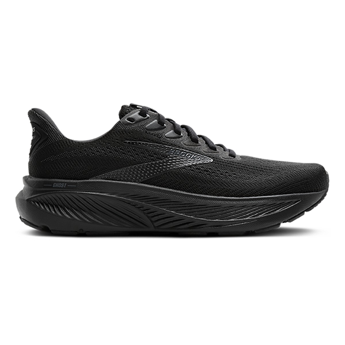 Black Brooks Ghost 17 running shoes for women feature a breathable mesh upper, cushioned sole, and sleek design, ideal for comfort and performance during runs.