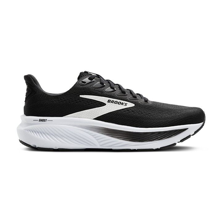 Black Brooks Ghost 17 women's running shoes feature a breathable upper, cushioned sole, and sleek white accents, designed for comfort and performance.