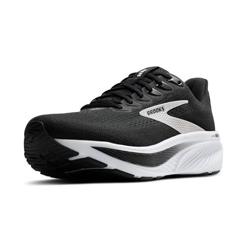 Black, grey, and white textile running shoes with a cushioned sole, featuring a sleek design and the Brooks logo on the side, ideal for women's medium fit.