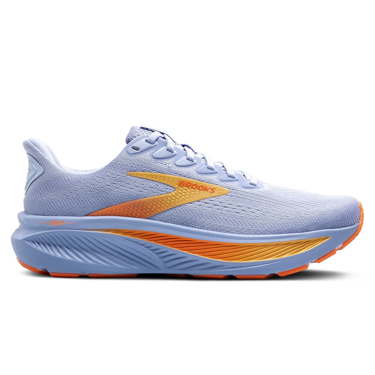 Light blue running shoe with orange and white accents, featuring a breathable mesh upper, cushioned sole, and a sleek design, size 11 for women.