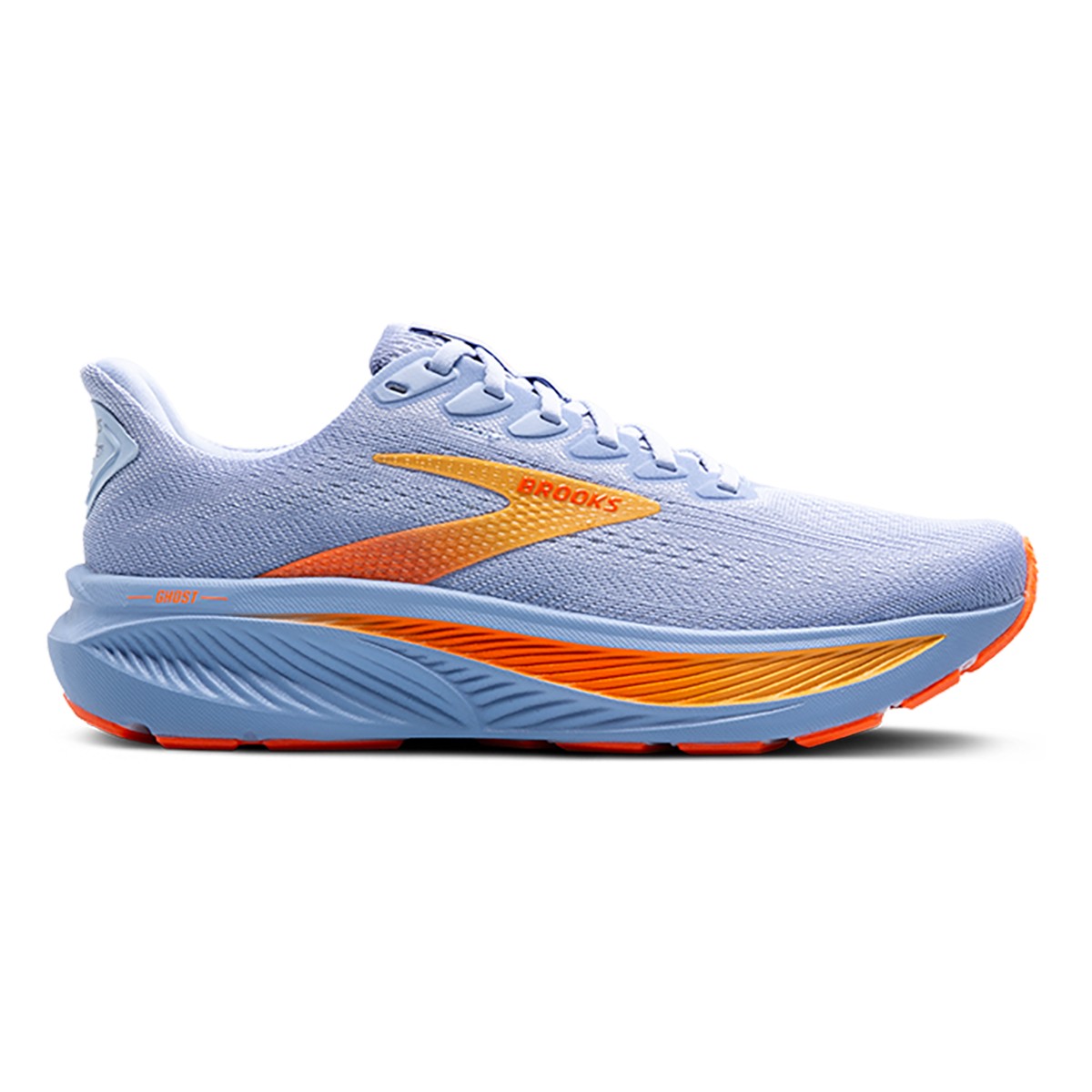 Light purple running shoe with orange and yellow accents, featuring a breathable mesh upper, cushioned sole, and a sleek design ideal for comfort and performance.