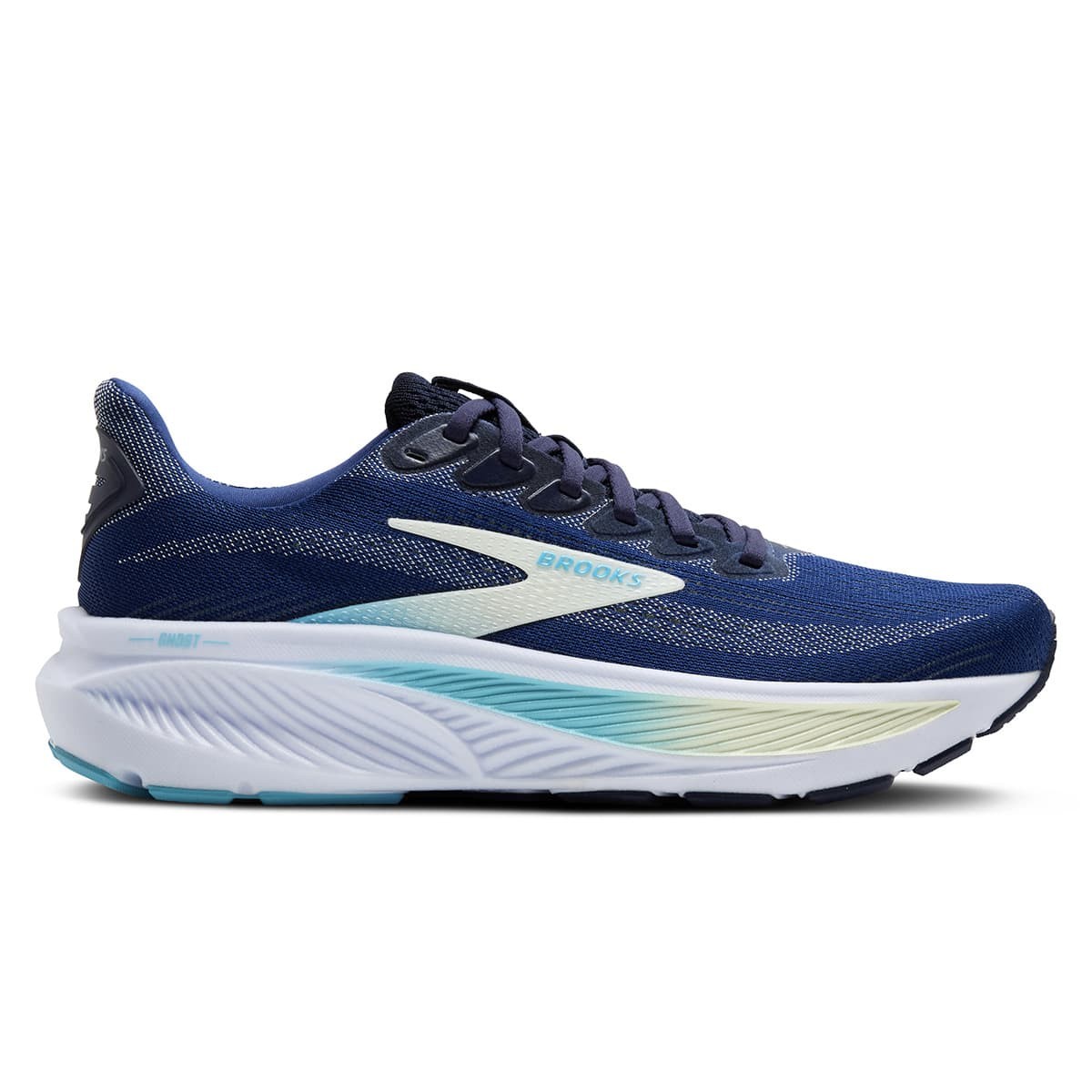 Navy, green, and turquoise Brooks Ghost 17 women's running shoes with a textile upper, featuring a cushioned sole and a sleek design, size 5.5 B - Medium.