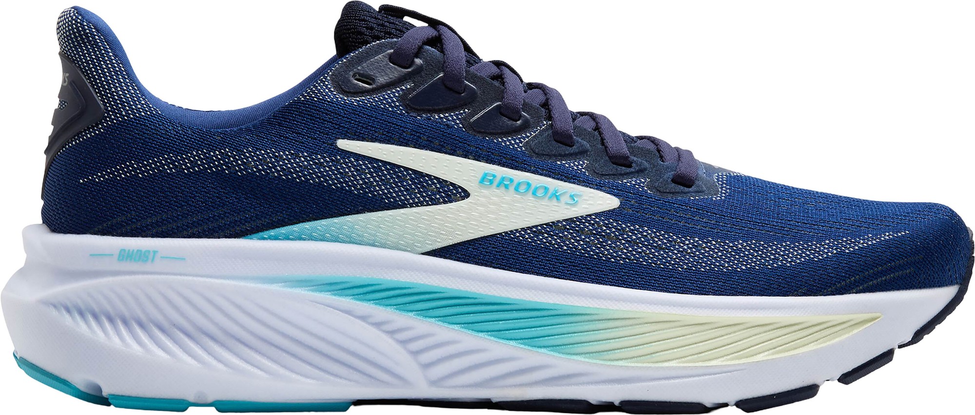 Brooks Women's Ghost 17 Running Shoes in navy, green, and turquoise, featuring a breathable mesh upper, cushioned sole, and size 6.0.