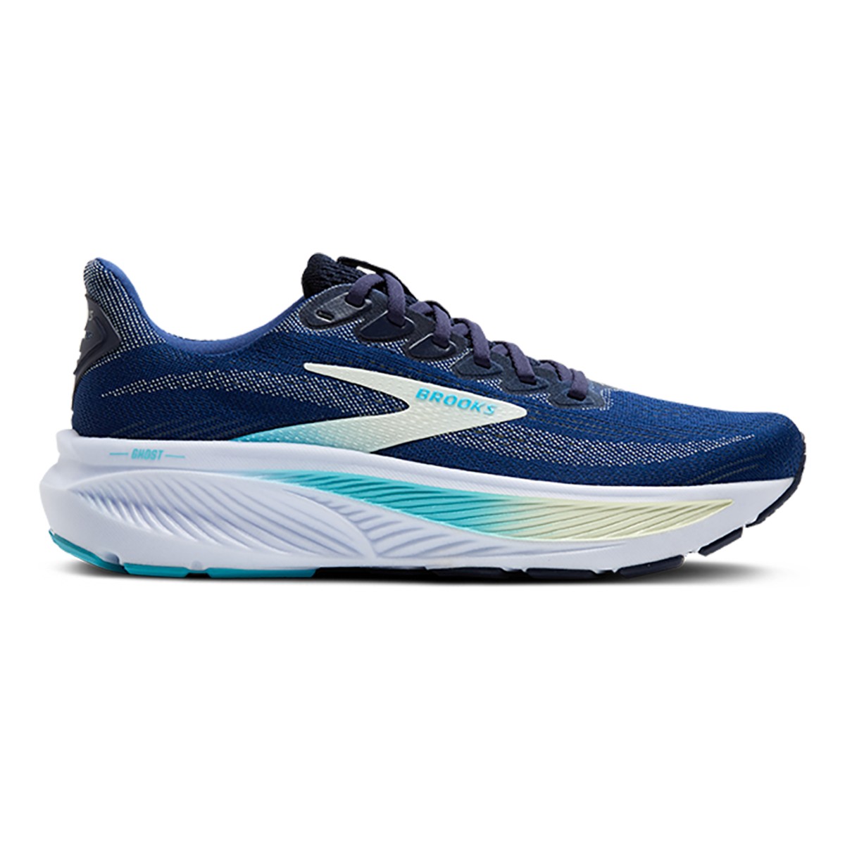 Women's Brooks Ghost 17 running shoes in navy, green, and turquoise, featuring a sleek design, breathable mesh upper, cushioned sole, and reflective accents.