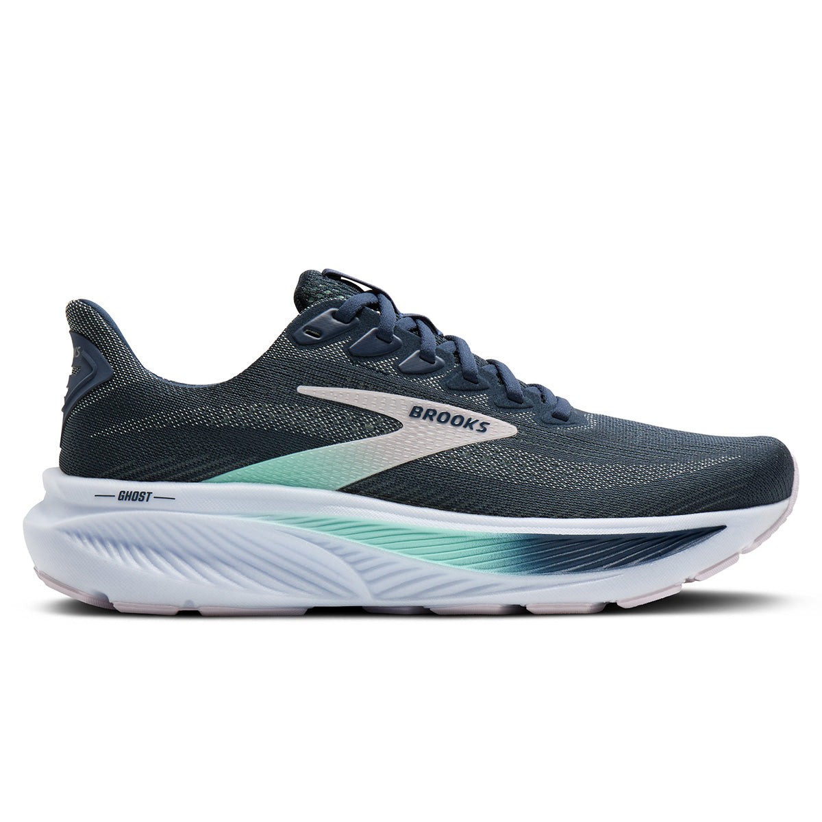 Brooks Ghost 17 women's running shoes in navy with spellbound, yucca, and pink accents, featuring a breathable mesh upper and cushioned sole for comfort.