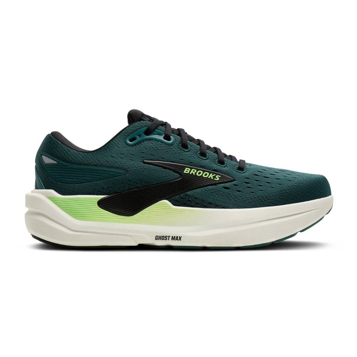 Dark green Brooks Ghost Max 3 running shoes feature a breathable mesh upper, black accents, and a cushioned white sole with a vibrant green detail. Size 47.5.