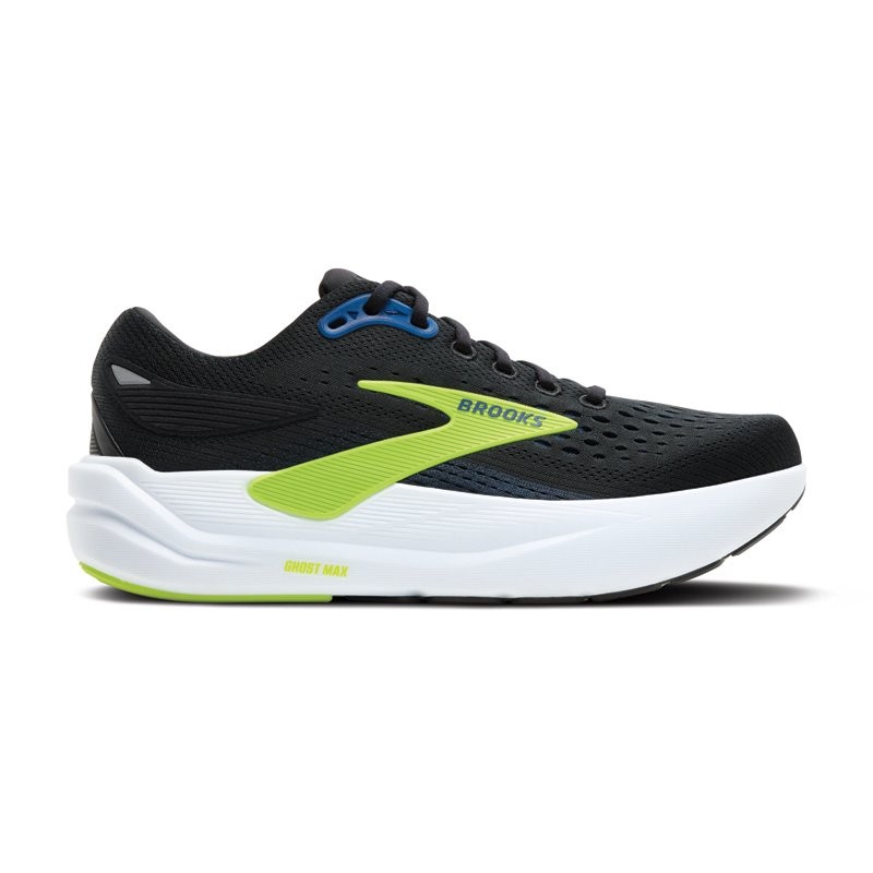 Men's Brooks Ghost Max 3 running shoes in black with a breathable mesh upper, vibrant green and blue accents, and a cushioned white sole for comfort and support.