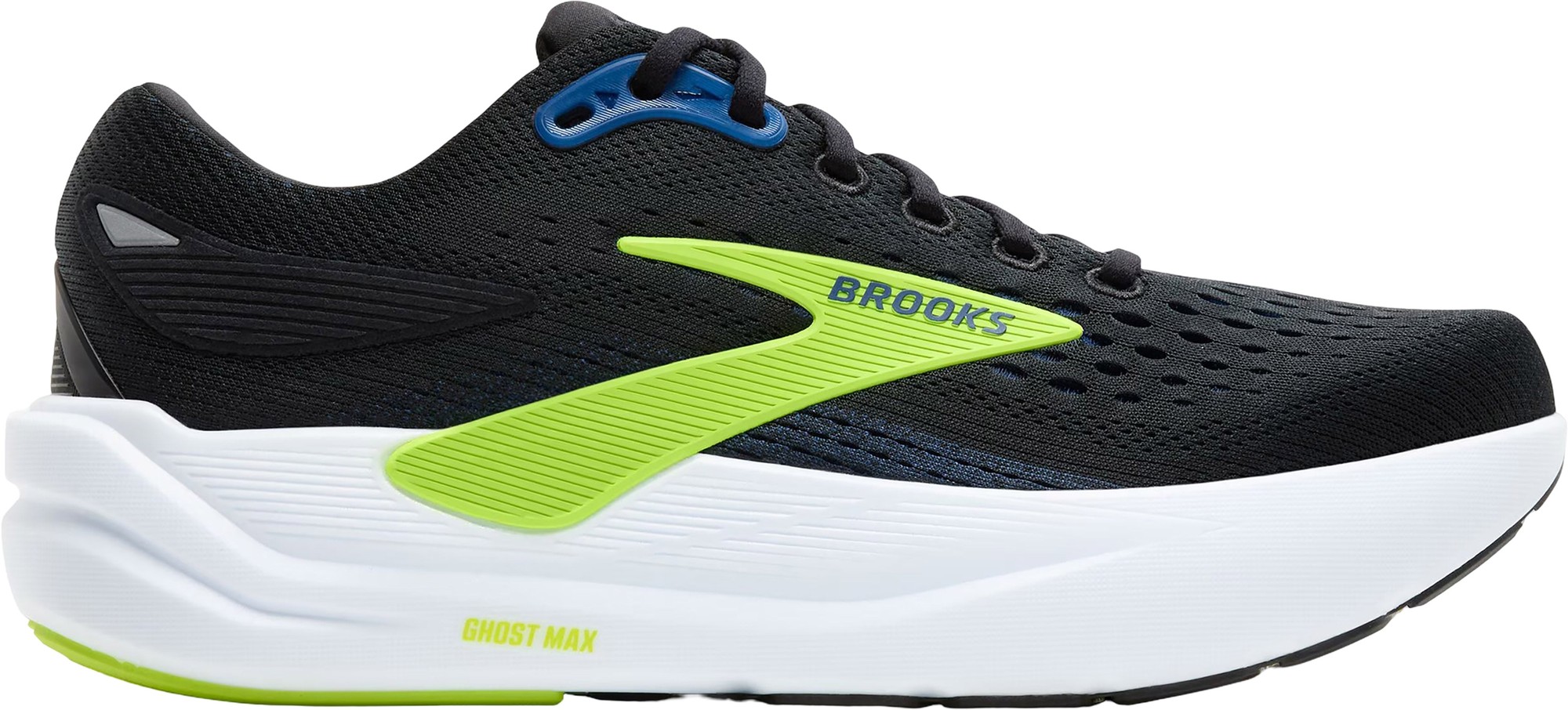 Men's Brooks Ghost Max 3 running shoes in black with navy and acid lime accents, featuring a breathable textile upper and cushioned white sole for comfort.