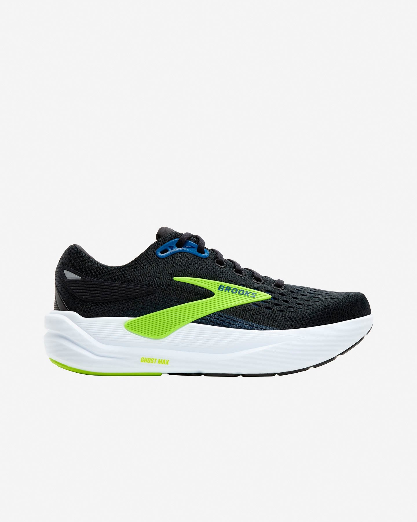 Black road running shoes with a lightweight mesh upper, featuring a bright green and blue logo, cushioned sole, and sleek design for enhanced performance.