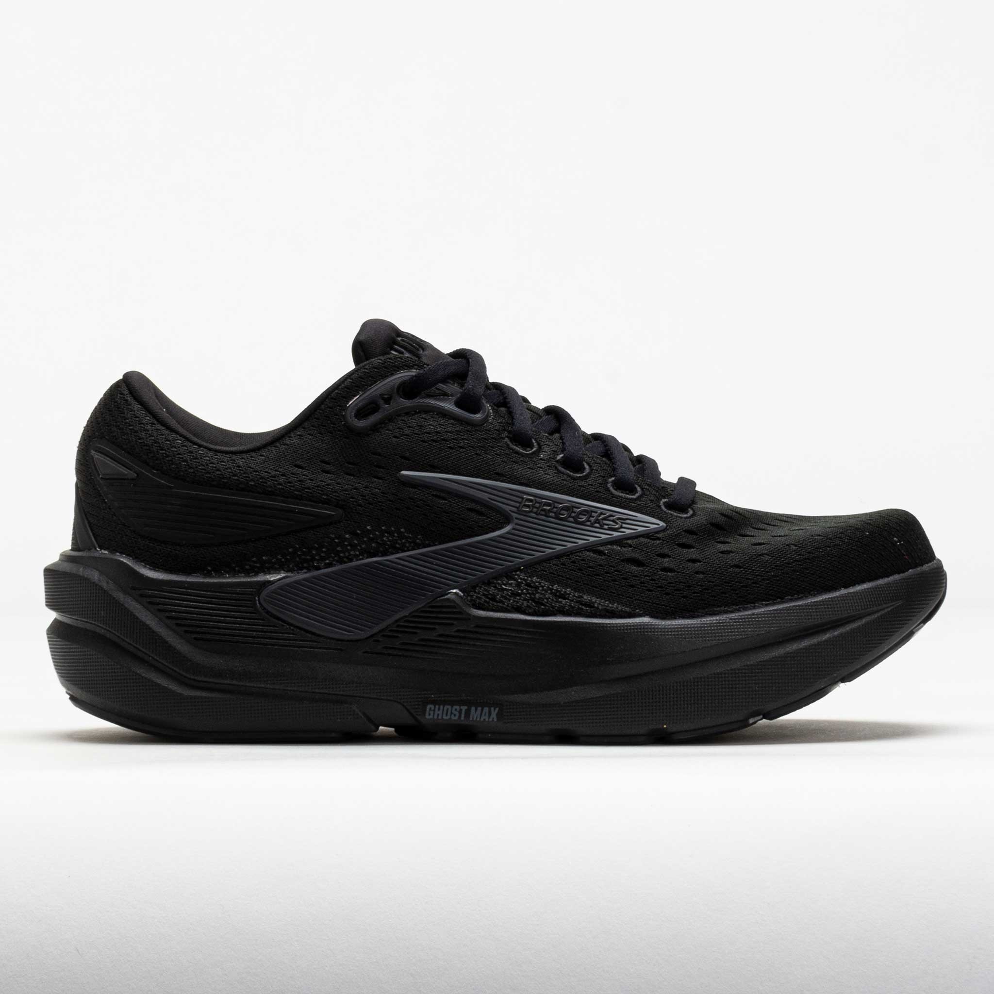 Women's Brooks Ghost Max 3 running shoes in black with ebony accents, featuring a breathable mesh upper, cushioned sole, and extra wide fit for comfort during runs.