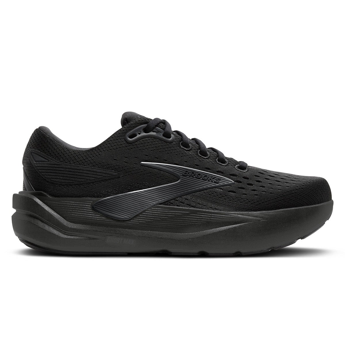 Black Brooks Ghost Max 3 women's running shoes feature a textile upper, breathable perforations, and a cushioned sole, designed for comfort and support in size 13 B - Medium.