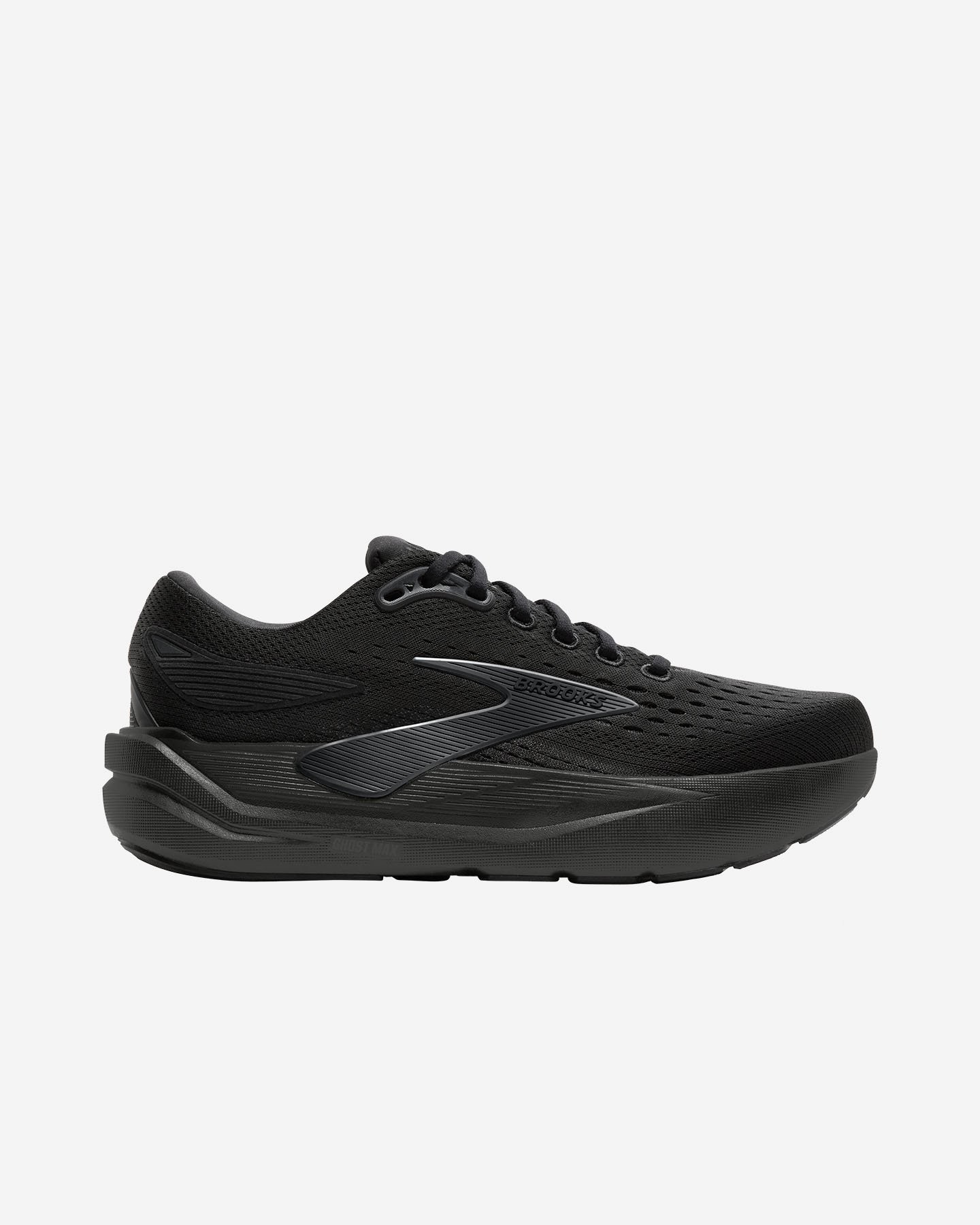 Women's Brooks Ghost Max 3 running shoes in black with ebony accents, featuring a breathable mesh upper, cushioned sole, and sleek design for comfort and performance.