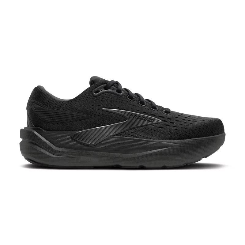 Women's Brooks Ghost Max 3 running shoes in black with ebony accents, featuring a breathable mesh upper, cushioned sole, and sleek, modern design.