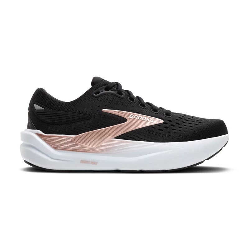 Black women's Brooks Ghost Max 3 running shoes featuring a breathable textile upper, rose gold accents, and a cushioned white sole, size 6 B - Medium.