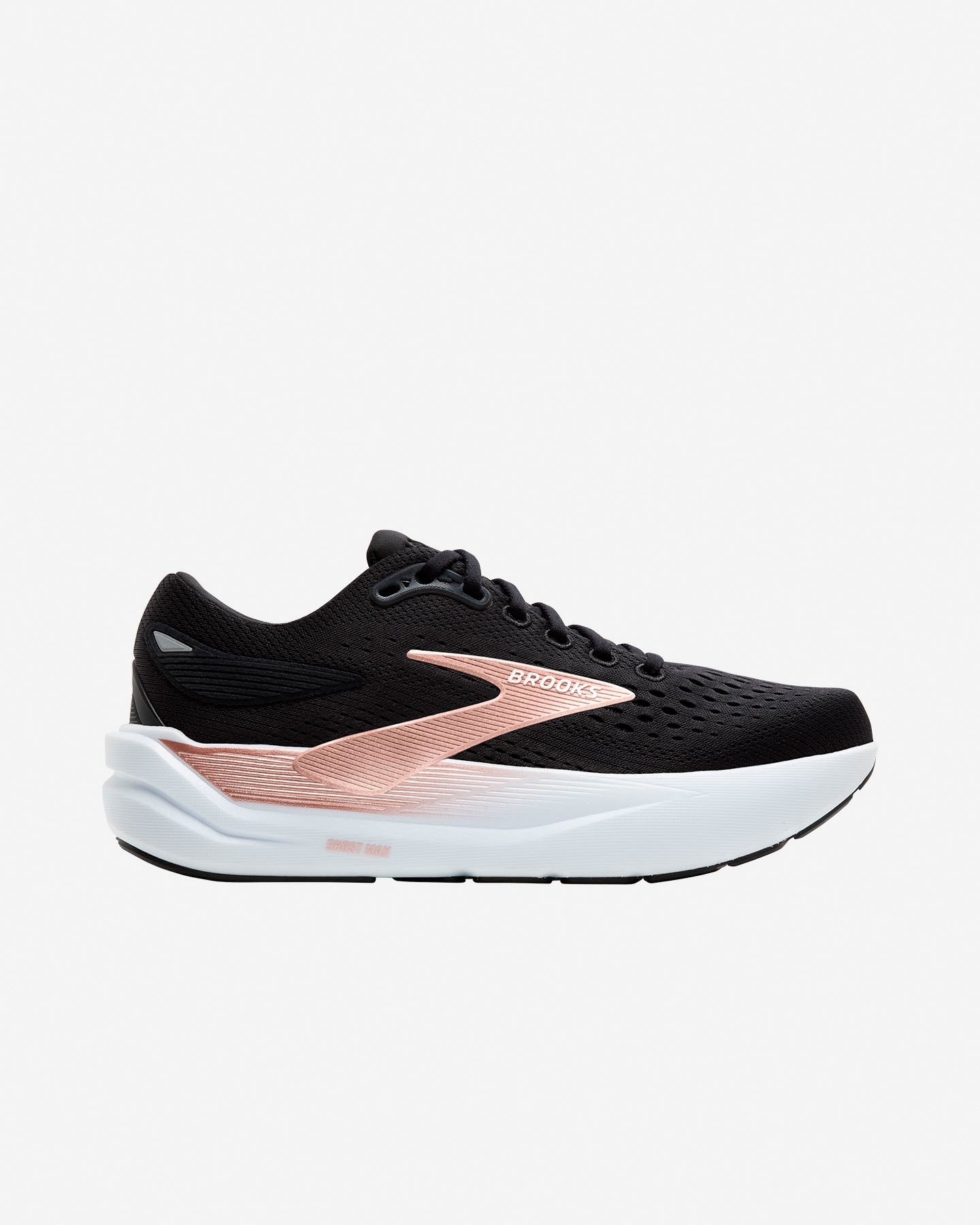 Black textile running shoes with a sleek design, featuring rose gold accents and a white midsole, size 9.5 B - Medium, by Brooks.