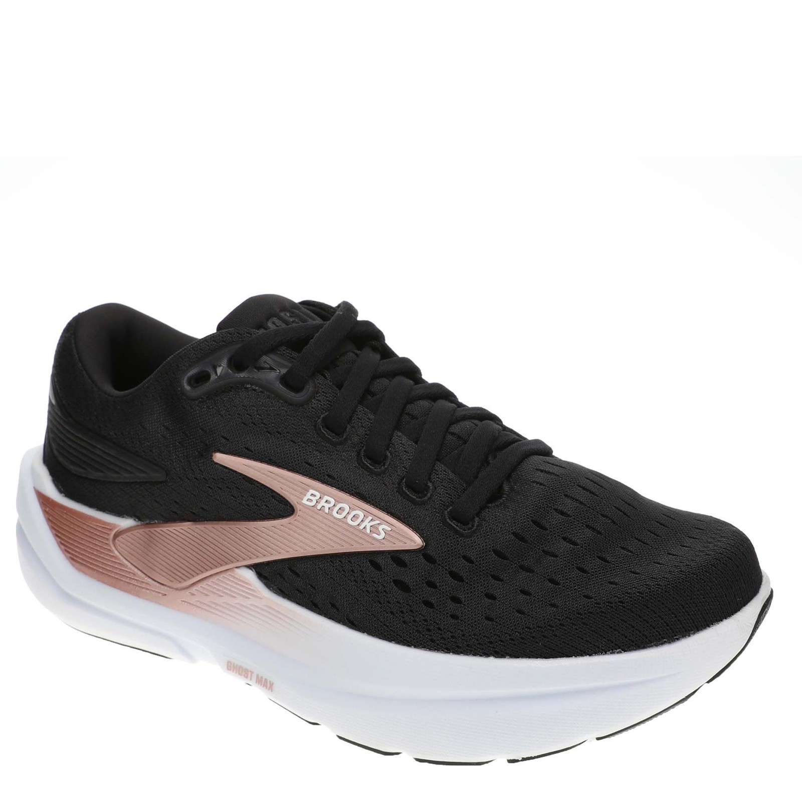 Black Brooks Ghost Max 3 women's running shoe in size 11.5 B, featuring a breathable mesh upper, sleek design, and rose gold accents on the side.