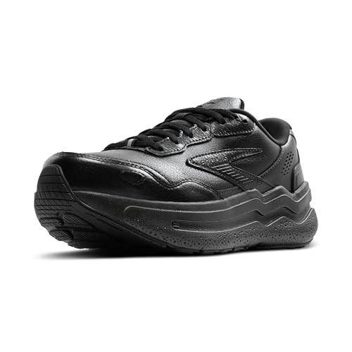 Men's Brooks Ghost Max 2 shoes in black leather, featuring a sleek design, textured upper, cushioned sole, and a rounded toe for comfort and style.