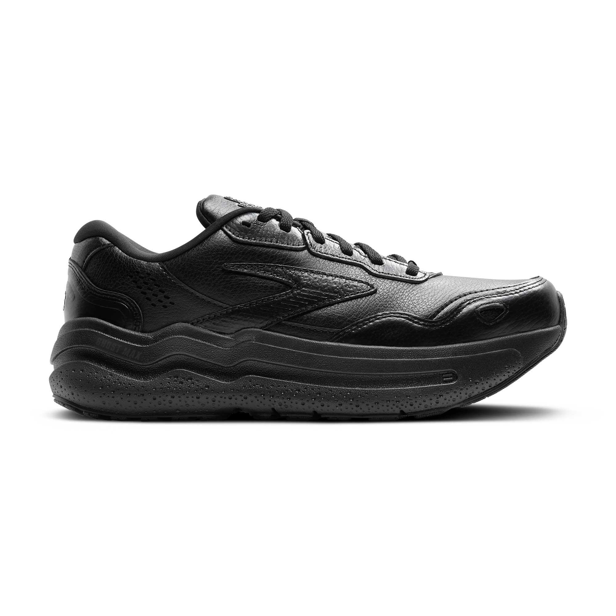 Black Brooks Ghost Max L running shoes for men feature a sleek design with a textured upper, cushioned sole, and reflective detailing for visibility.