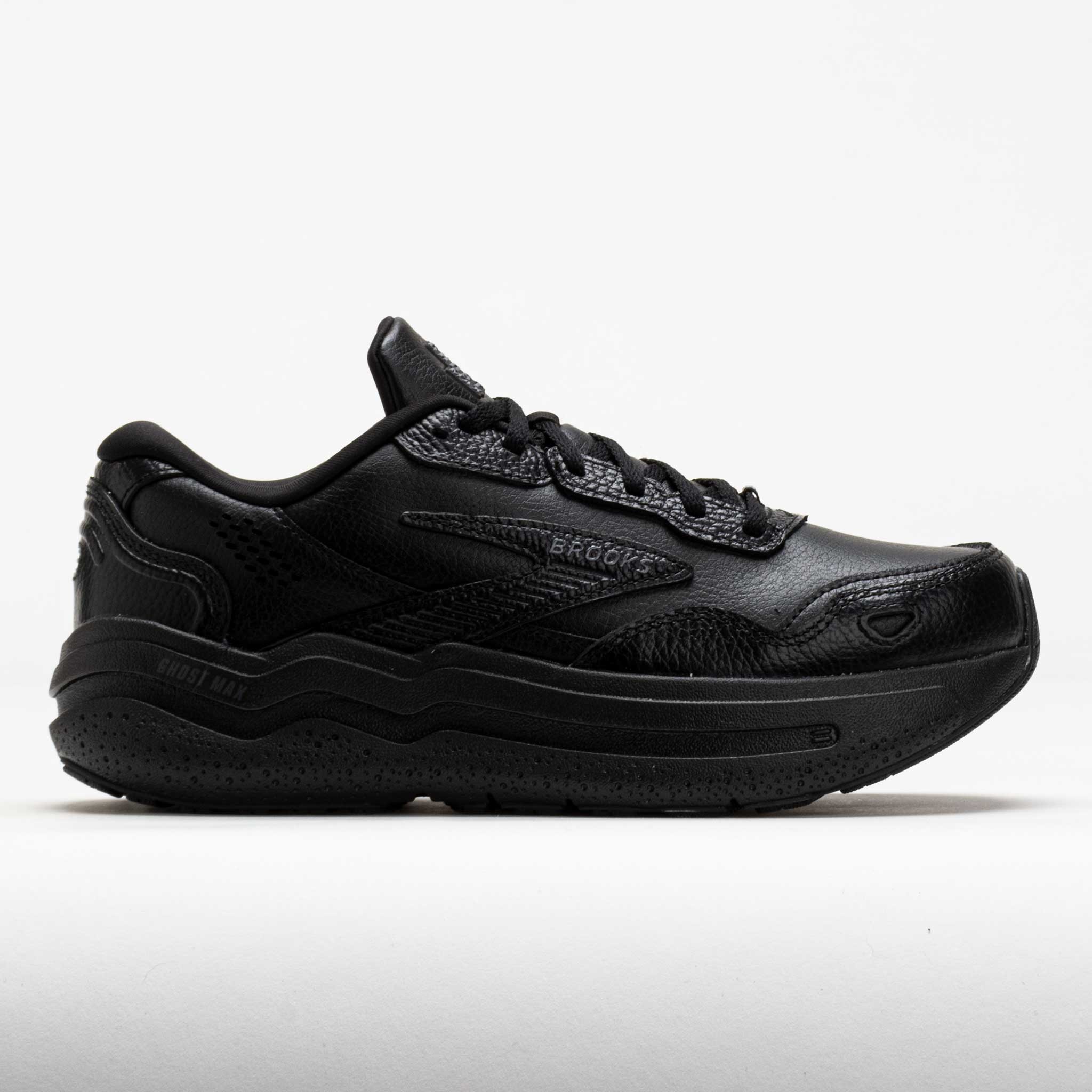 Men's Brooks Ghost Max 2 shoes in black leather, featuring a sleek design, cushioned sole, and breathable upper, size 13 wide.
