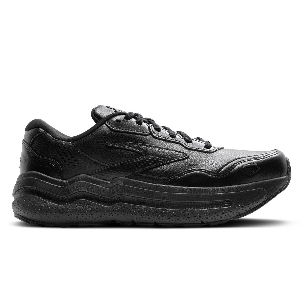 Black Brooks Ghost Max L men's walking shoes feature a sleek design with a textured leather upper, wide fit, and cushioned sole for comfort, size 6.5.