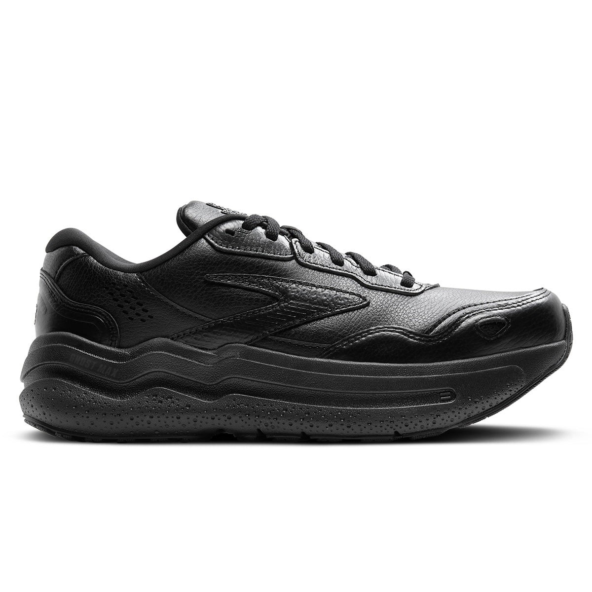 Black leather Brooks Women's Ghost Max 2 shoes featuring a sleek design, cushioned sole, and textured upper, ideal for comfort and support during activities.