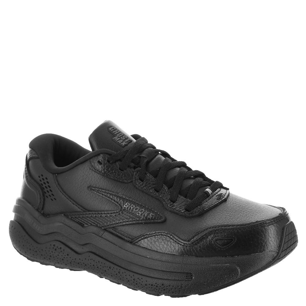 Black Brooks Ghost Max L women's running shoe featuring a sleek design, textured leather upper, cushioned sole, and breathable mesh accents for comfort and support.