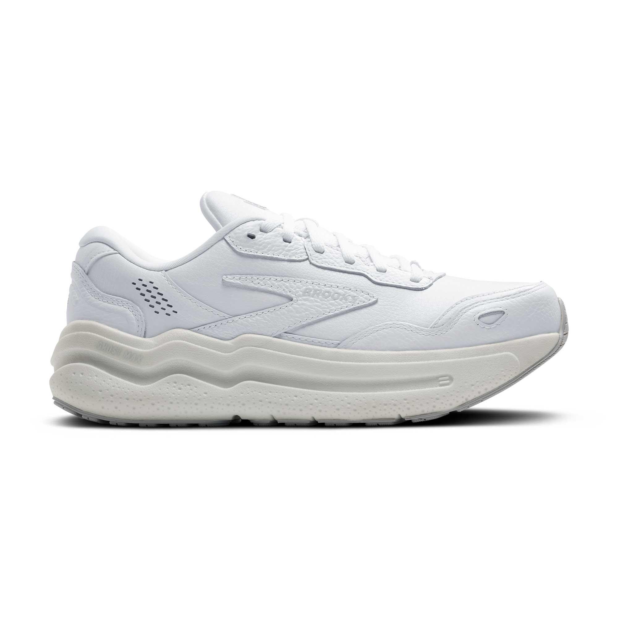 White Brooks Ghost Max L women's running shoes feature a sleek design with a cushioned sole, breathable upper, and lace-up closure for a secure fit.