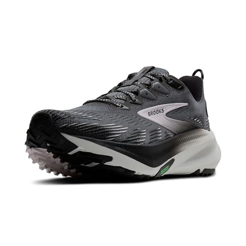 Brooks Ghost Trail women's shoes in Poppy Seed/Black/Pink, featuring a synthetic upper, textured outsole, and cushioned midsole for trail running, size 9 B - Medium.