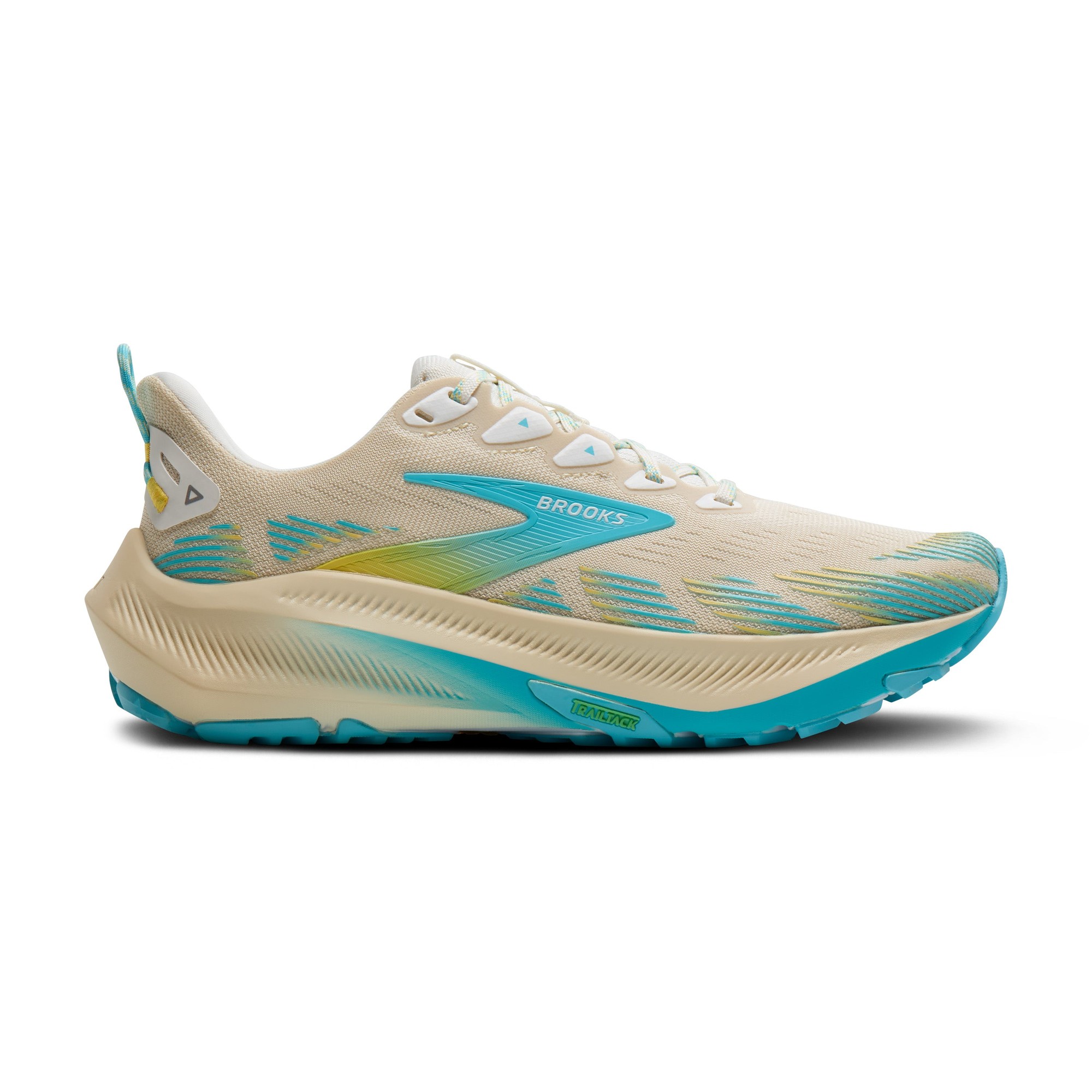 Light beige trail running shoes with turquoise accents, featuring a breathable mesh upper, cushioned sole, and a dynamic design, ideal for outdoor running.