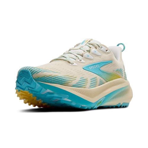 Women's Brooks Ghost Trail Running Shoes in sand and star white with golden hour accents, featuring a textured upper, cushioned sole, and rugged outsole for traction.